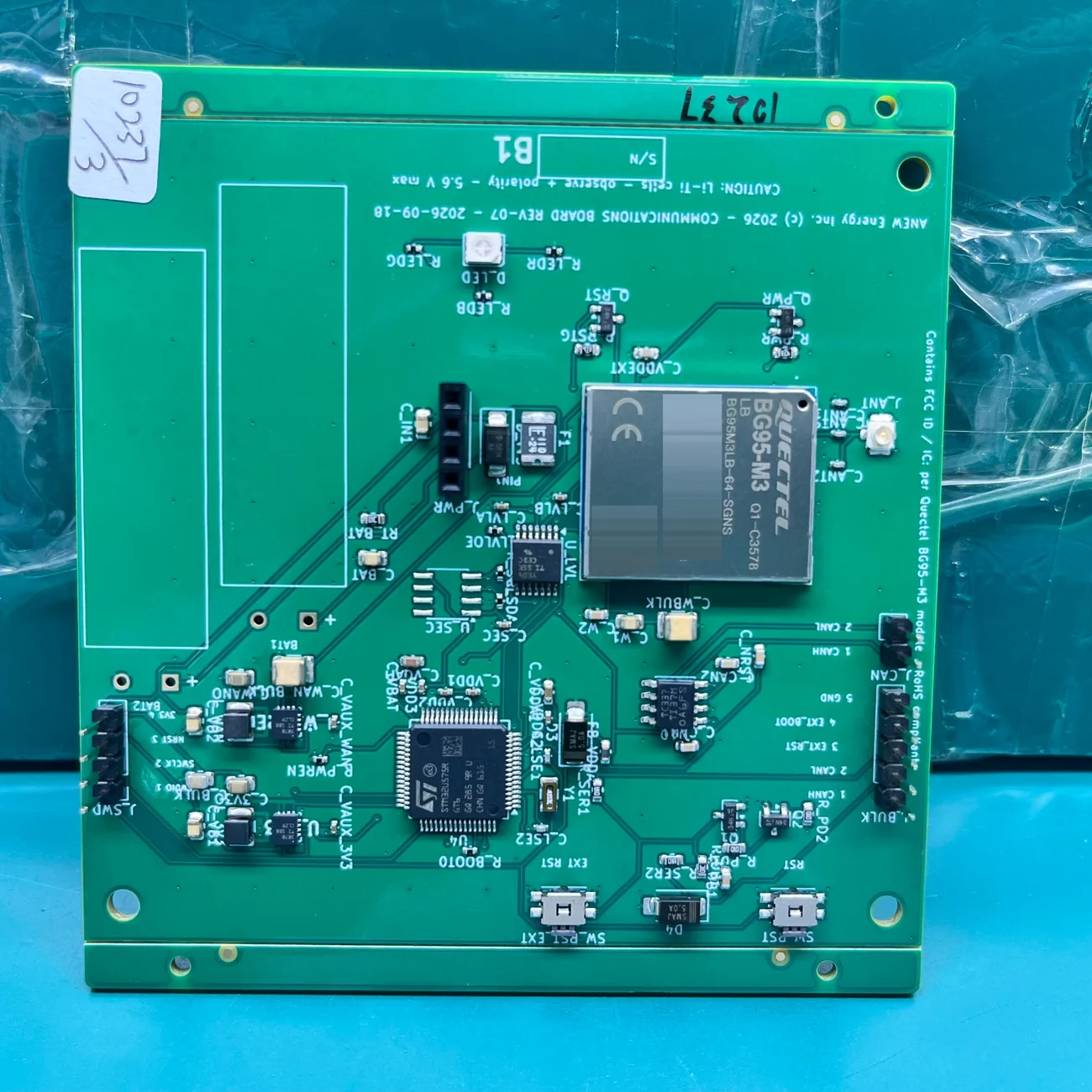 e-Cube B1 communications board REV-07, assembled prototype, with cellular modem, ARM processor and CAN connectors